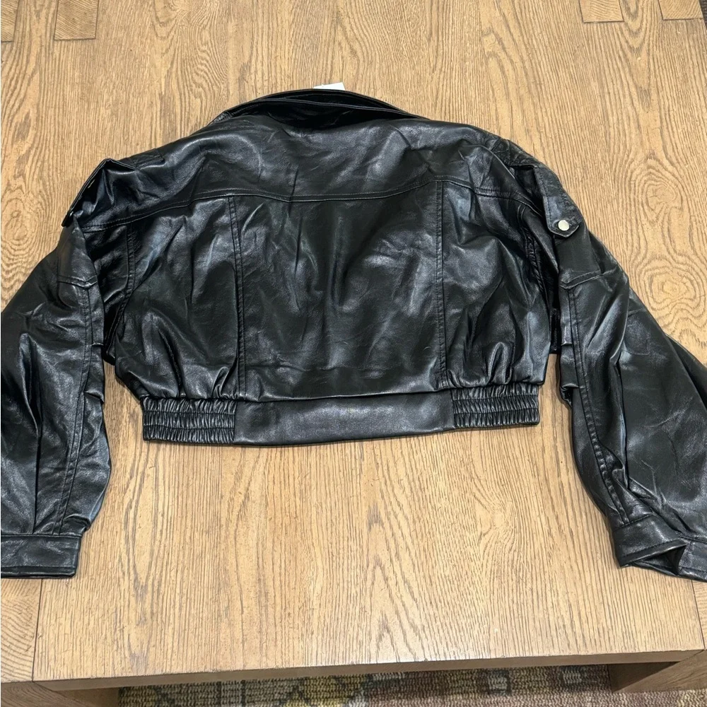 Azalea Wang Cropped Moto Jacket Black Faux Leather Belted Biker Size L NWT - Picture 7 of 7